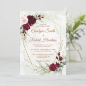 Red Blush Bourgogne Gold Geometric Greenery Weddin Kaart (Staand voorkant)