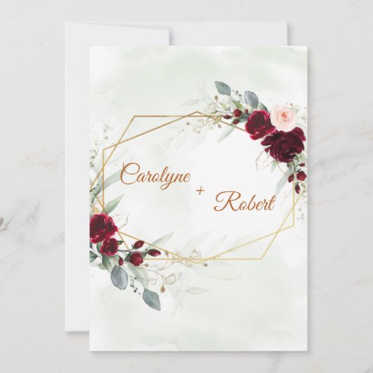 Red Blush Bourgogne Gold Geometric Greenery Weddin Kaart (Achterkant)