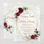 Red Blush Bourgogne Gold Geometric Greenery Weddin Kaart (Voorkant / Achterkant)