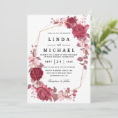Red Blush en Gold Geometric Greenery Wedding Invi Kaart (Staand voorkant)