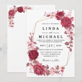 Red Blush en Gold Geometric Greenery Wedding Invi Kaart (Voorkant / Achterkant)