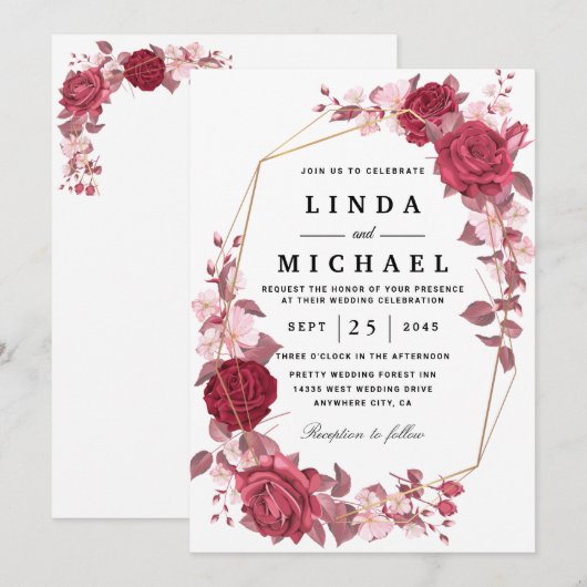 Red Blush en Gold Geometric Greenery Wedding Invi Kaart (Voorkant / Achterkant)