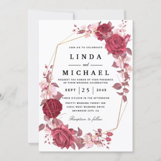 Red Blush en Gold Geometric Greenery Wedding Invi Kaart