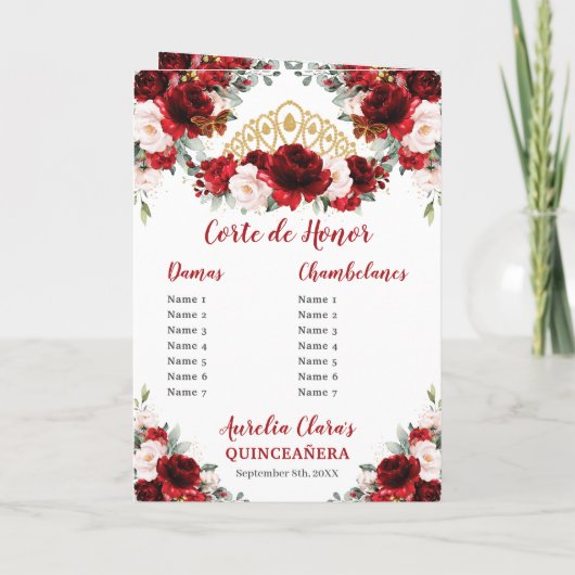 Red Blush Floral Gold Quinceañera Evenementenvolgo Programma (Achterkant)