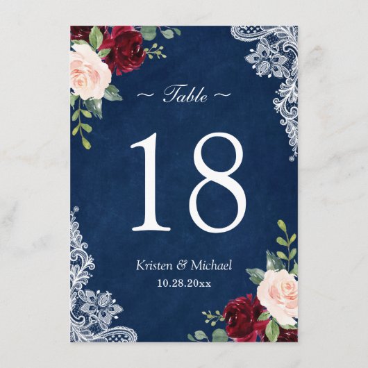 Red Blush Floral Navy Blue Wedding Table Number (Achterkant)