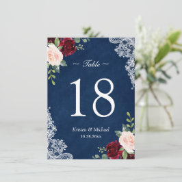 Red Blush Floral Navy Blue Wedding Table Number