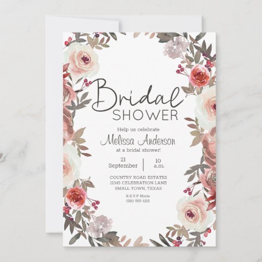 Red Blush Floral Rozen Bridal Shower Invitation Kaart (Voorkant)