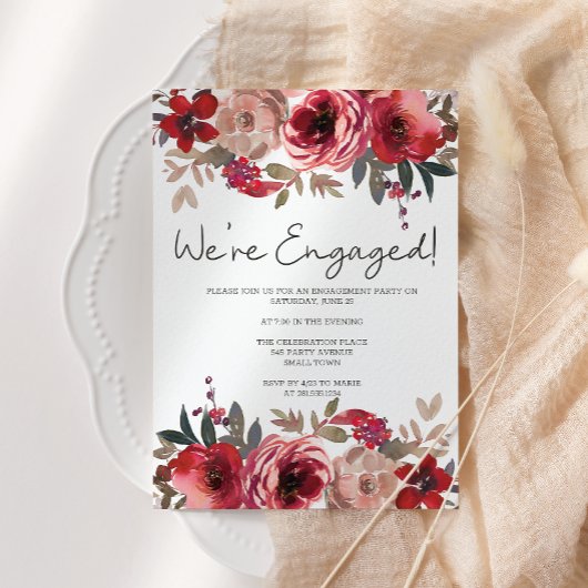 Red Blush Floral Rozen Engagement Party Kaart