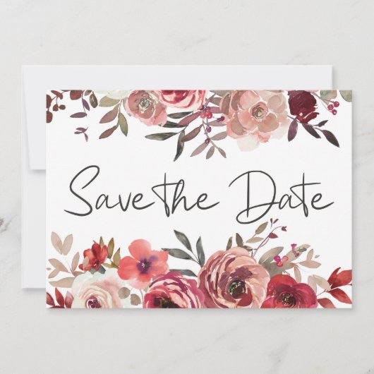 Red Blush Floral Rozen Trendy Save the Date (Voorkant)