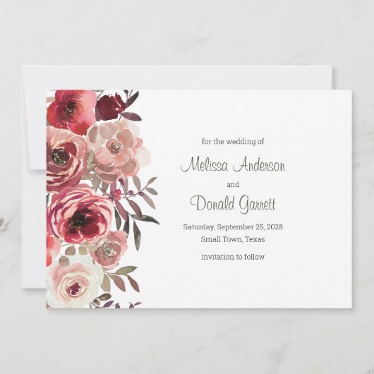 Red Blush Floral Rozen Trendy Save the Date (Achterkant)