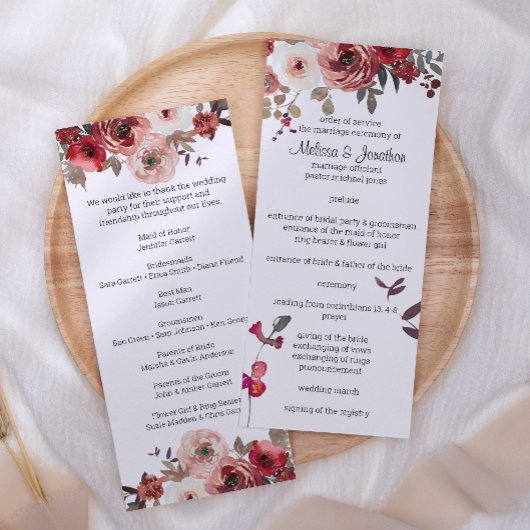 Red Blush Floral Rozen Wedding Programme Programmakaart
