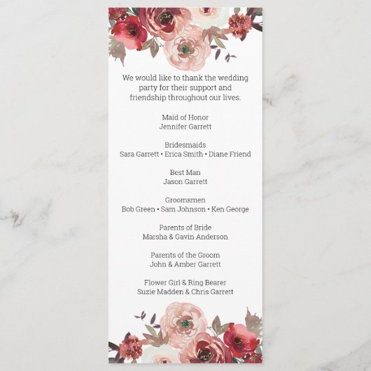 Red Blush Floral Rozen Wedding Programme Programmakaart (Achterkant)