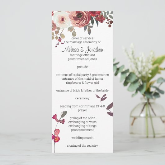 Red Blush Floral Rozen Wedding Programme Programmakaart (Staand voorkant)