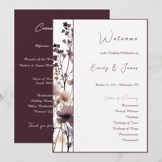 Red Blush Floral Wedding Elegant Romantic Programmakaart (Voorkant / Achterkant)