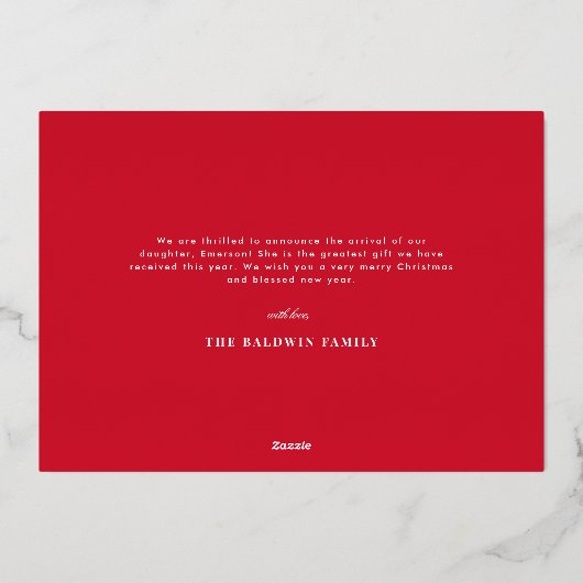 Red Blush Ornament Baby Aankondiging Holiday Kaart (Achterkant)