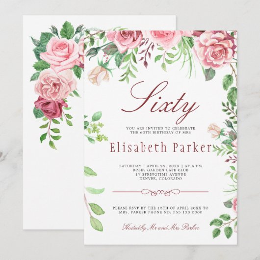 Red Blush Pink Floral Garden 60th Birthday Party Kaart (Voorkant / Achterkant)
