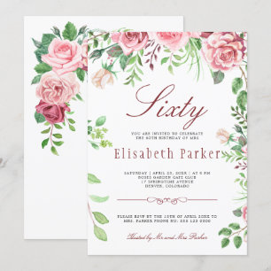 Red Blush Pink Floral Garden 60th Birthday Party Kaart