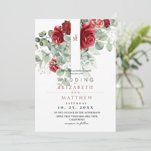 Red Blush Roos en Bloemen Elegante bruiloft Kaart (Staand voorkant)