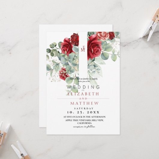 Red Blush Roos en Bloemen Elegante bruiloft Kaart (Voorkant / Achterkant in situ)