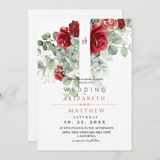 Red Blush Roos en Bloemen Elegante bruiloft Kaart (Voorkant / Achterkant)