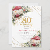 Red blush roses 80th birthday invitation with gold kaart (Voorkant)