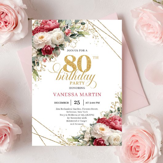 Red blush roses 80th birthday invitation with gold kaart