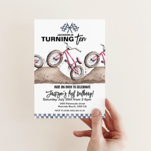 Red BMX birthday invitation, Any age, Dirt bike Kaart