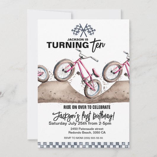 Red BMX birthday invitation, Any age, Dirt bike Kaart (Voorkant)
