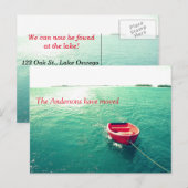 Red Boat in Lake Adreswijziging Aankondigingskaart (Voorkant / Achterkant)