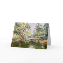 Red Boat in Mountain Lake Waterverf Gevist Kaart