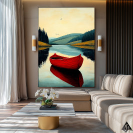 Red Boat Reflection - Naïf Serene Lake Art Poster