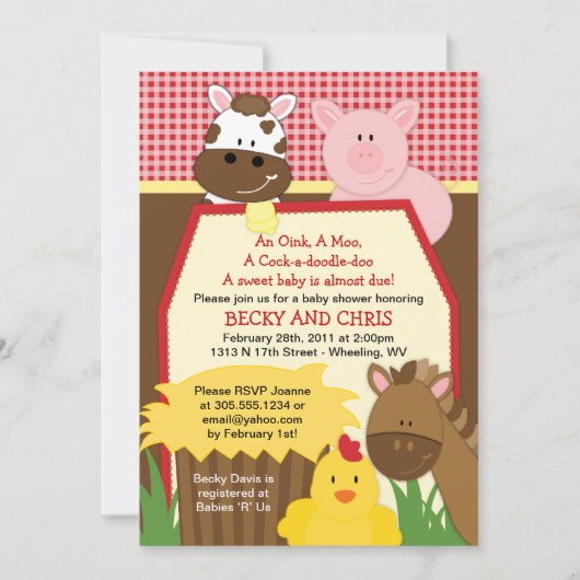 Red Boerderij Barnyard Baby shower Kaart (Voorkant)