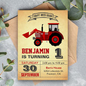 Red Boerderij Tractor First Birthday Party Invitat Kaart