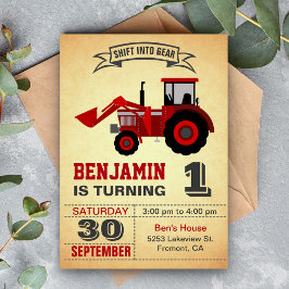Red Boerderij Tractor First Birthday Party Invitat Kaart