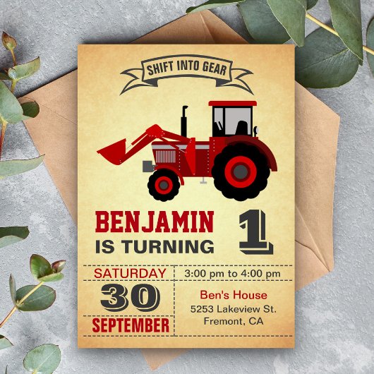 Red Boerderij Tractor First Birthday Party Invitat Kaart