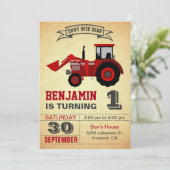 Red Boerderij Tractor First Birthday Party Invitat Kaart (Staand voorkant)