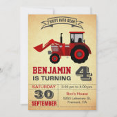 Red Boerderij Tractor Kids Verjaardagsfeestuitnodi Kaart (Voorkant)