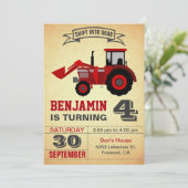 Red Boerderij Tractor Kids Verjaardagsfeestuitnodi Kaart (Staand voorkant)