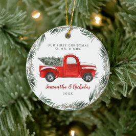  Red Boerderij Truck | Eerste Kerstmis, de heer &  Keramisch Ornament