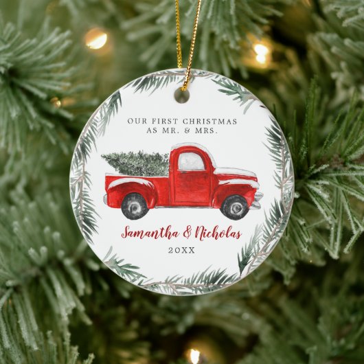 Red Boerderij Truck | Eerste Kerstmis, de heer & Keramisch Ornament (Boom)