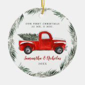 Red Boerderij Truck | Eerste Kerstmis, de heer & Keramisch Ornament (Voorkant)