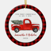  Red Boerderij Truck | Eerste Kerstmis, de heer &  Keramisch Ornament (Voorkant)