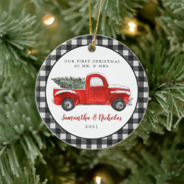  Red Boerderij Truck | Eerste Kerstmis, de heer &  Keramisch Ornament