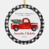  Red Boerderij Truck | Eerste Kerstmis, de heer &  Keramisch Ornament (Voorkant)