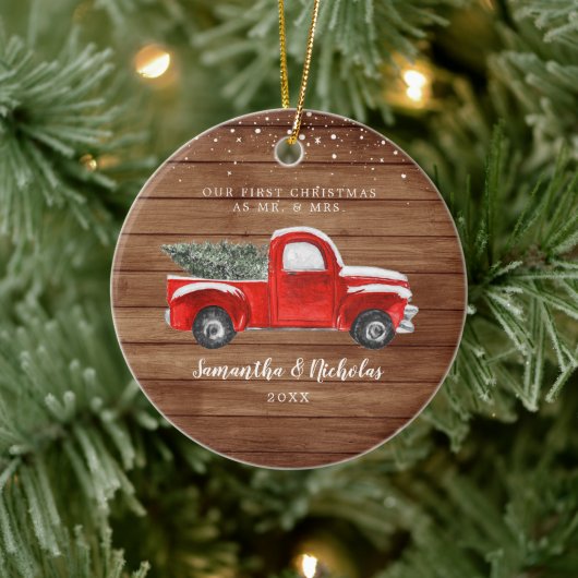 Red Boerderij Truck | Eerste Kerstmis, de heer & Keramisch Ornament (Boom)