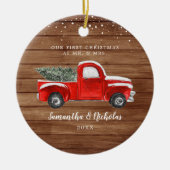 Red Boerderij Truck | Eerste Kerstmis, de heer & Keramisch Ornament (Voorkant)