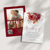 Red Boho Florals 3 foto's QR Code Bruiloft Kaart