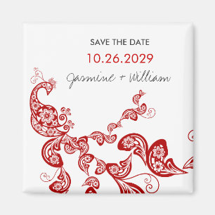 Red Boho Peacock Chic Asian Wedding Save the Date Magneet