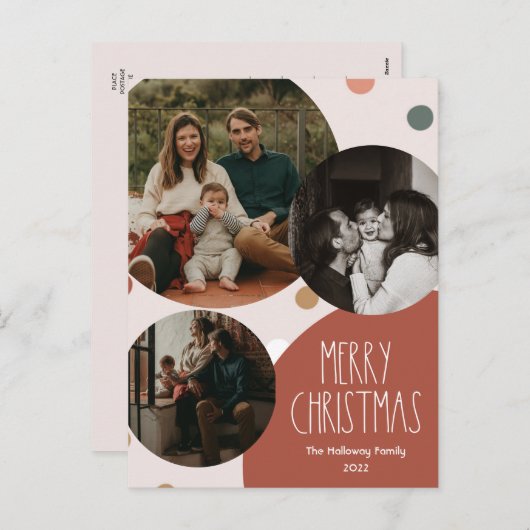Red Boho Polka Dot Kerstmis Abstract met drie foto Feestdagenkaart (Voorkant / Achterkant)