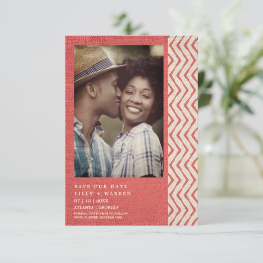 Red Boho Textile Engaged Romantic Couple Save The Date (Staand voorkant)